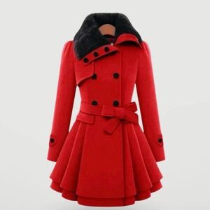 🌺ELESOL RED AND BLACK FAUX FUR TRIM FLARE COAT SIZE X-LARGE🌺